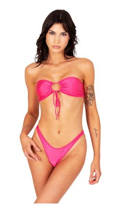 Bandeau top with front tie string 82% Polyester / 18% Spandex Hand wash cold, hang to dry Manufactured in Los Angeles Model is 5'9 - wearing a size small BOTTOMS SOLD SEPARATE String Top, Bandeau Top, Hot Pink, Hand Wash, Angeles, Spandex, Pink, How To Wear, Los Angeles