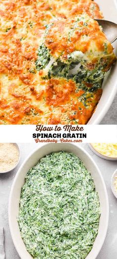 spinach and cheese casserole in a white dish with the title above it