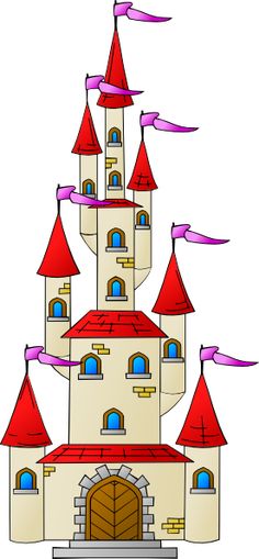 a drawing of a castle with red turrets and flags flying in the wind on a white background