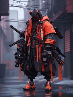 an orange and black robot standing in the rain