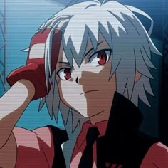 an anime character with white hair and red eyes holding a cell phone to his ear