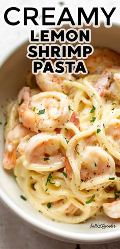 creamy lemon shrimp pasta in a white bowl