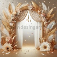 an open door with flowers and feathers on the floor in front of it is a white curtain