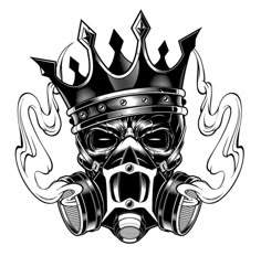 a skull wearing a gas mask with a crown on his head and flames around it