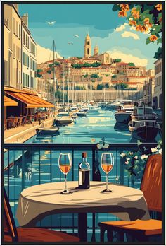 two glasses of wine are sitting on a table overlooking the water and boats in the harbor