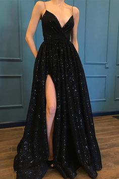 Shiny Spaghetti Straps Prom Dress Black Prom Dress Glittering Dress, Party Floor, Black Lace Evening Dress, Black Lace Prom Dress, Prom Dresses With Pockets, 파티 드레스, Sequin Prom Dress, Lace Prom Dress, Black Prom Dress