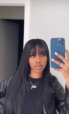 Frayed Bangs Black Women, Fringe Bangs With Long Hair Black Women, Wispy Bangs Sew In, Jet Black Wig With Bangs, Front Bangs Black Women, Curtain Bangs Long Hair Layers Black Women, Tape Ins With Bangs, Fringe Bangs With Layers Black Women