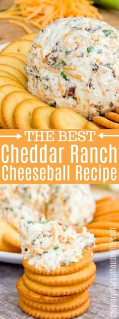 the best cheddar ranch cheeseball recipe on a platter with crackers