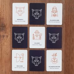 six coasters with different types of animals and people on them, sitting on a wooden surface