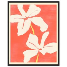 an orange and white painting with two flowers on the bottom half of it, against a red background