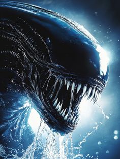 an image of a very large alien with sharp teeth in the dark blue sea water