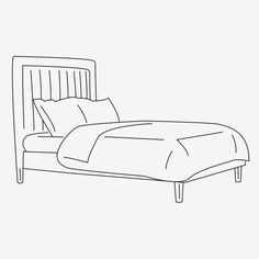 a black and white drawing of a bed with a headboard, foot board and pillows