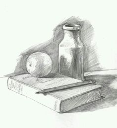 a pencil drawing of an apple, bottle and book