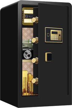 a black safe with gold trimmings on the door and keys in each compartment