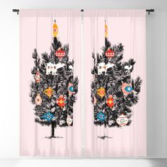 the christmas tree is decorated with ornaments on pink background blackouter curtain set by artfuldes