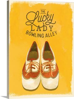 a pair of red and white shoes with the words, the lucky lady bowling alley