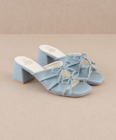 The Emerald | Blue Double Bow Peep Hole Sandal Bridesmaid Shoes For Long Dresses Heels, Wide Feet Shoes Heels, Blue Short Heels, Dark Blue Heels, Light Blue Heels, Light Blue Shoes, Fun Wedding Shoes, White Textile, Emerald Blue