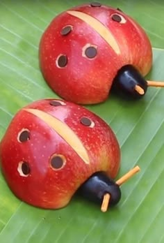 two red ladybugs sitting on top of a green leaf next to each other