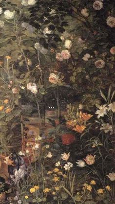 an image of a painting with flowers in the background