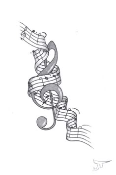 a drawing of a treble with music notes coming out of the top and bottom