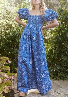 Aurora Puff Sleeve Maxi Dress in Ultramarine Floral | Over The Moon Blue Fitted Puff Sleeve Dress, 2024 Clothes, Puff Sleeve Maxi Dress, Tomboy Look, Feminine Outfits, Clothes Wishlist, Sunday Dress, Body Features, Modest Dress