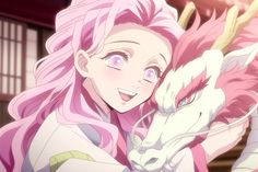 a woman with pink hair hugging a white wolf in front of her face and looking at the camera