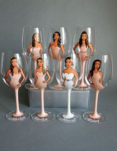 the bride party wine glasses have been made to look like women in bathing suits