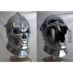 two views of a metal skull wearing a helmet