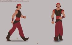 the animation character is wearing red pants and black shirt, while he's walking