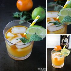 three pictures of oranges, lime and lemonade in glasses