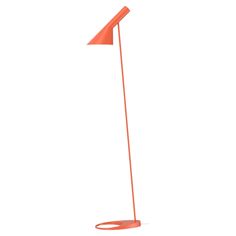 an orange floor lamp on a white background with the light turned on and one arm extended