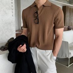 Solid Color Sweater, Brown Shirt, Knit Men