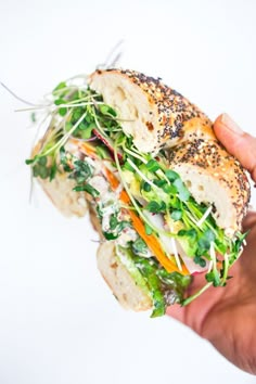 a hand holding a sandwich with lettuce, carrots and other toppings