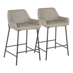 pair of grey upholstered bar stools with metal frame and footrests