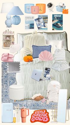 a collage of various items including a bed, lamp, and other things on display