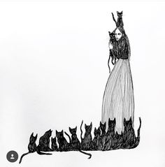 a black and white drawing of a woman in a long dress with cats on her back