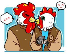 an image of two chickens talking to each other while holding a cell phone in their hands