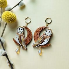 Celestial Moon Print Jewelry, Bohemian Brass Earrings With Sun And Moon Design, Nickel-free Gold Celestial Earrings, Brass Sun Design Dangle Earrings, Constellation Pattern, Owl Moon, Owl Gold Earrings, Barn Owls, Detailed Jewelry