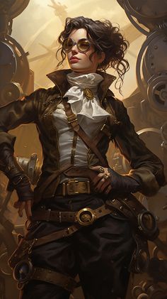 a painting of a woman in steampunky clothing and goggles, standing with her hands on her hips