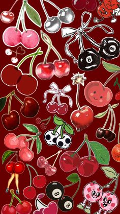 a painting of cherries and cherries on a red background