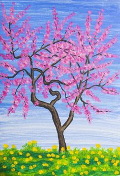 a painting of a tree with pink flowers