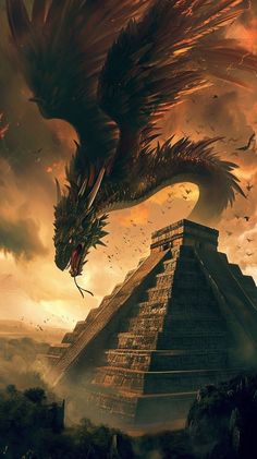 a large dragon flying over a pyramid in the sky