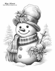 a black and white drawing of a snowman