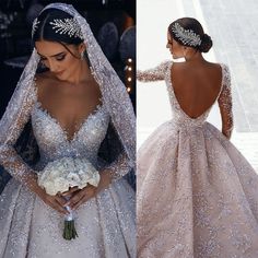 the back of a bride's wedding dress is shown in two different pictures, one with