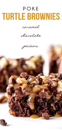 chocolate brownies with caramel drizzle and pecans are on a white plate