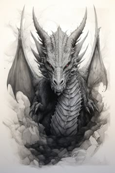 a drawing of a dragon with red eyes