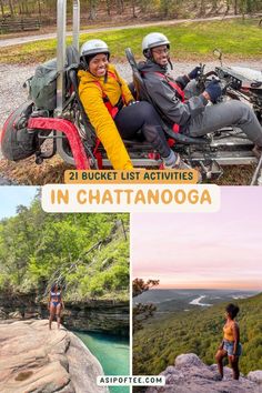 two people sitting on top of a motorcycle with the words, 21 bucket list activities in chatanooga