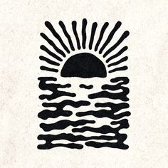 a black and white drawing of the sun rising over water with waves coming out of it