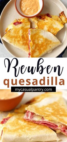 the quesadilla has been cut in half and is on a plate with dipping sauce