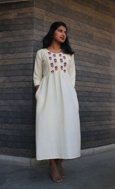 "Maxi dress for women, Linen maxi dress, Block print dress, Off white linen dress, Plus size, made to order, custom made -Model height: 5'3\" wearing size S -Length: 45\" Hand block printing is a centuries old Indian art form that utilizes a hand carved teak wood block that is dipped in dye and stamped by hand onto cotton or silk. We have used simple floral motifs to create elegant designs for our comfortable maxi dresses. **Note: Free Shipping time 15-21 days. Express Shipping time 5-7 days.**" White Casual Floor-length Dress, White Cotton Midi Dress For Wedding, Cream Cotton Sundress Maxi Dress, Cream Cotton Maxi Sundress, Cream A-line Maxi Dress, White Linen Sundress Midi Dress, Elegant White Cotton Maxi Dress, Modest Maxi Cotton Dress, Modest Maxi Length Cotton Dress